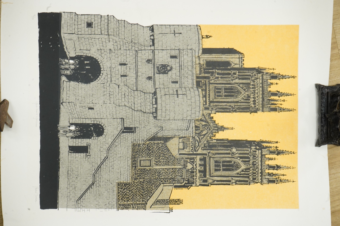 Robert Tavener RE (1920-2004), ‘York Minster and Gatehouse’, signed in pencil, limited edition 15/50, linocut, unframed, 78 x 59cm